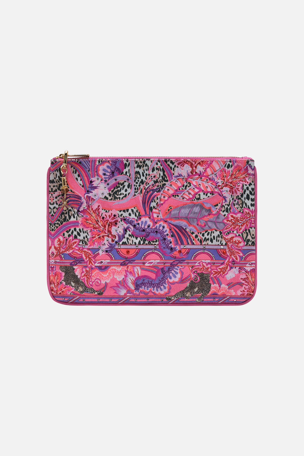 Product view of CAMILLA purple clutch bag in Viola Vintage print