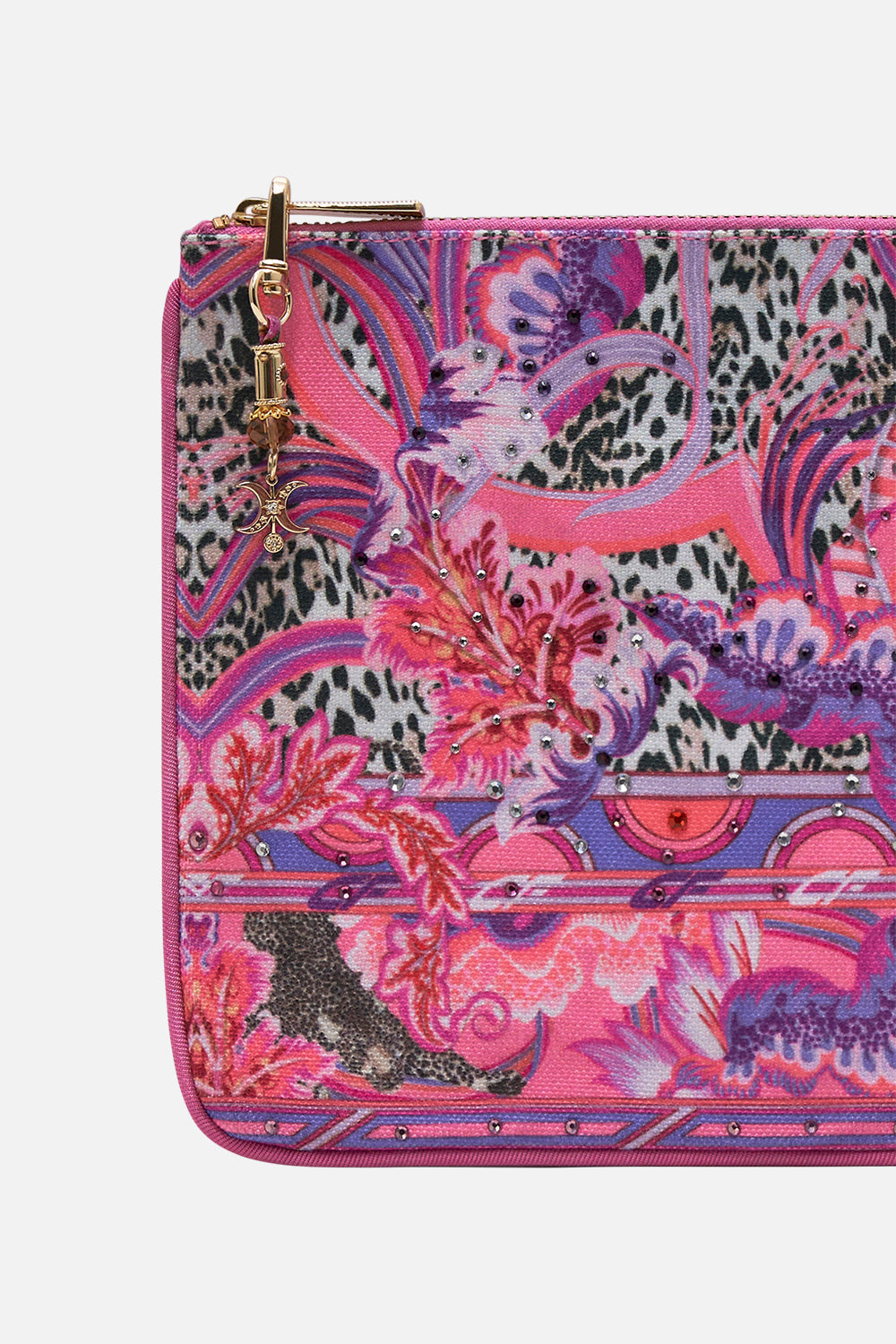 Product view of CAMILLA purple clutch bag in Viola Vintage print