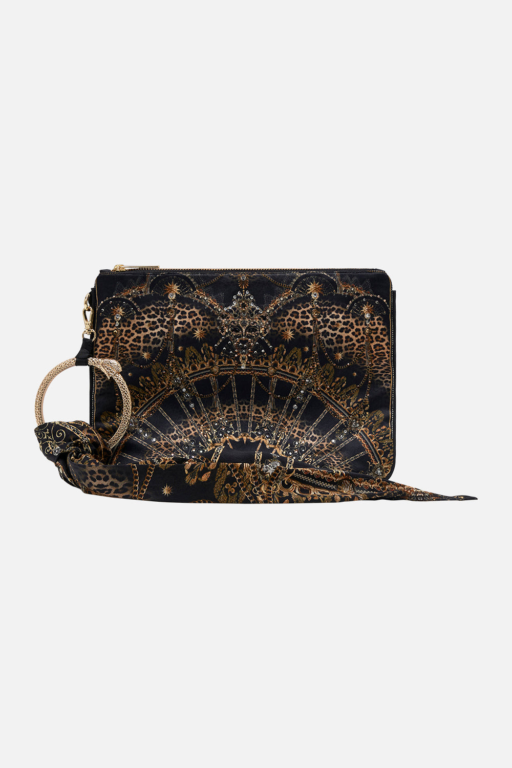 Product view of CAMILLA black and gold silk clutch in Masked at Moonlight print