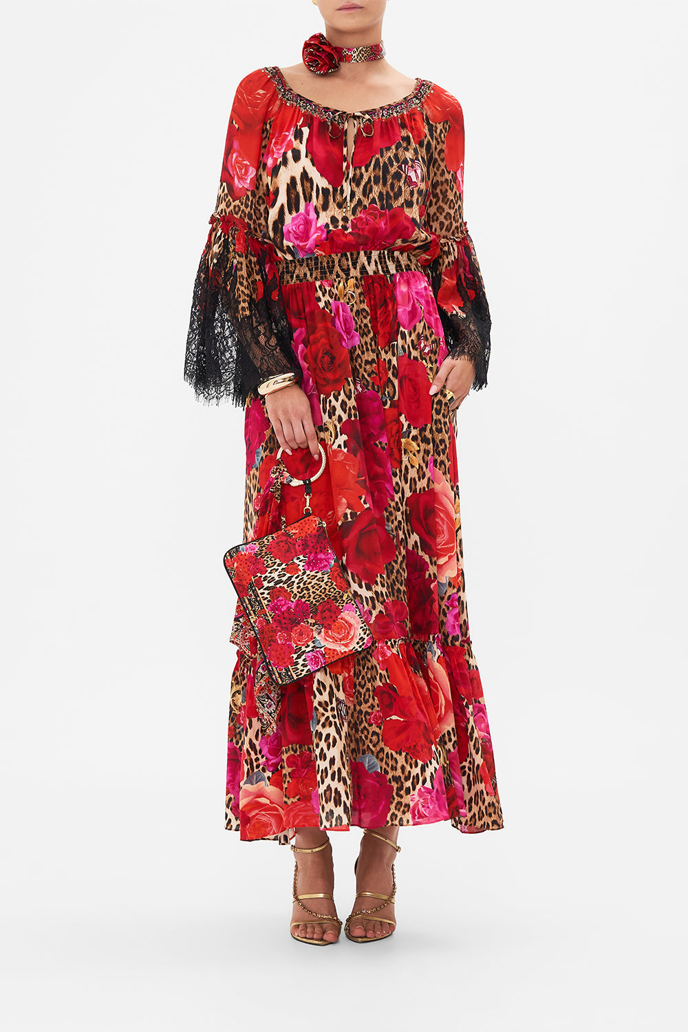 Product view of CAMILLA silk clutch bag in Heart Like A Wildflower print