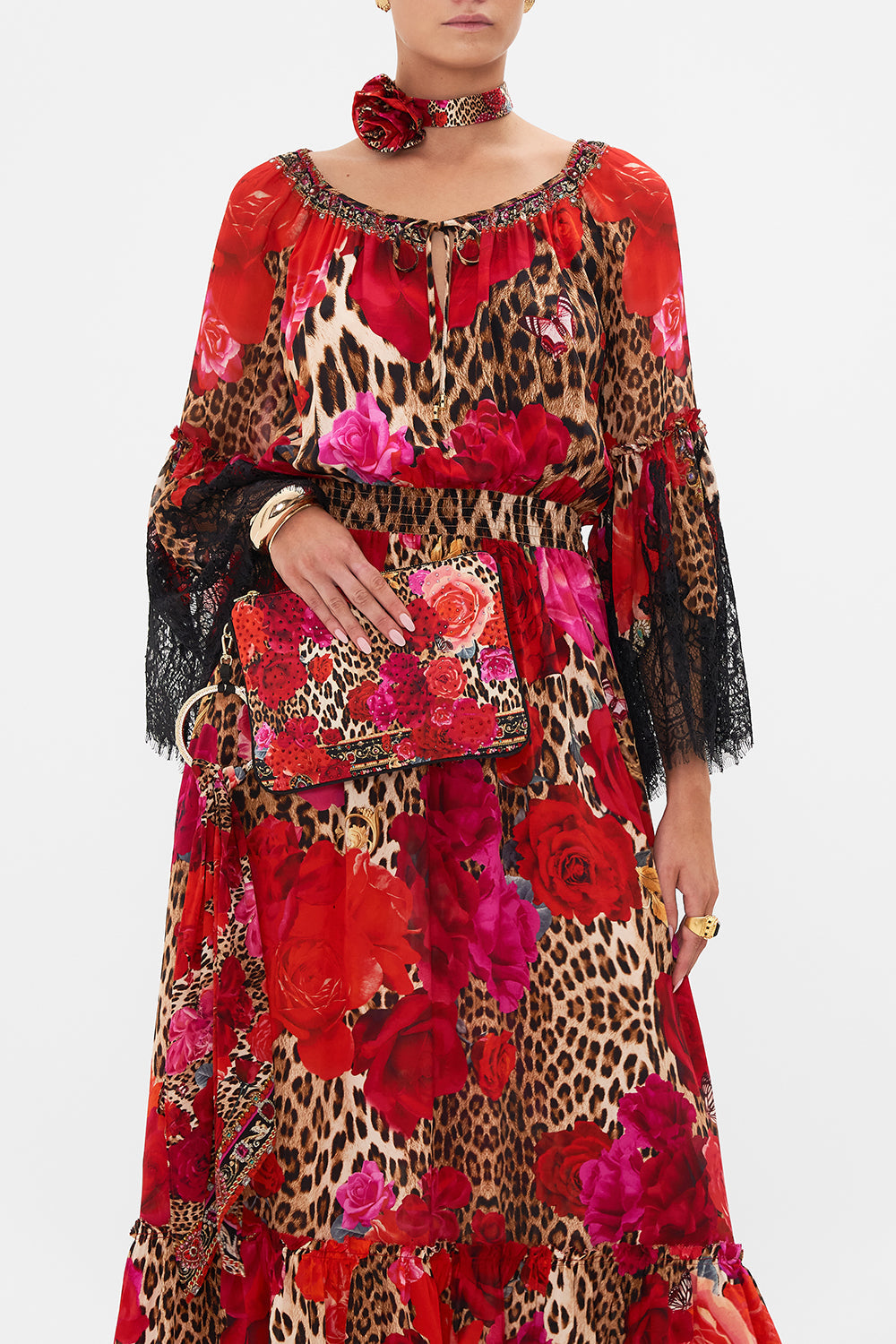 Product view of CAMILLA silk clutch bag in Heart Like A Wildflower print