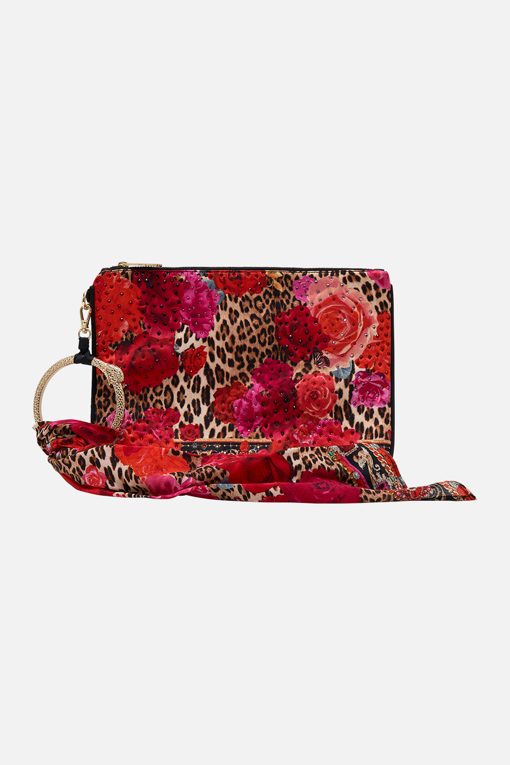 Product view of CAMILLA silk clutch bag in Heart Like A Wildflower print