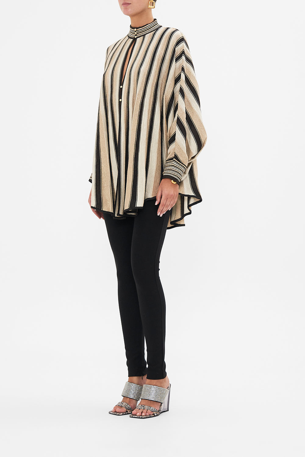 Side view of model wearing CAMILLA luxury knit in Soul Of A Star Gazer print