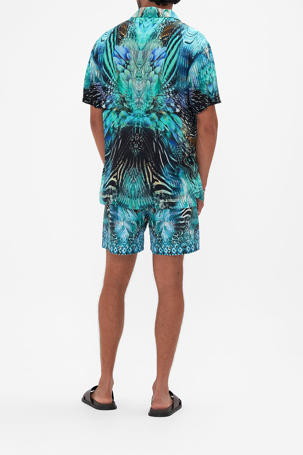 Back view of model wearing Hotel Franks By CAMILLA mens short sleeve camp collared shirt in Azure Allure