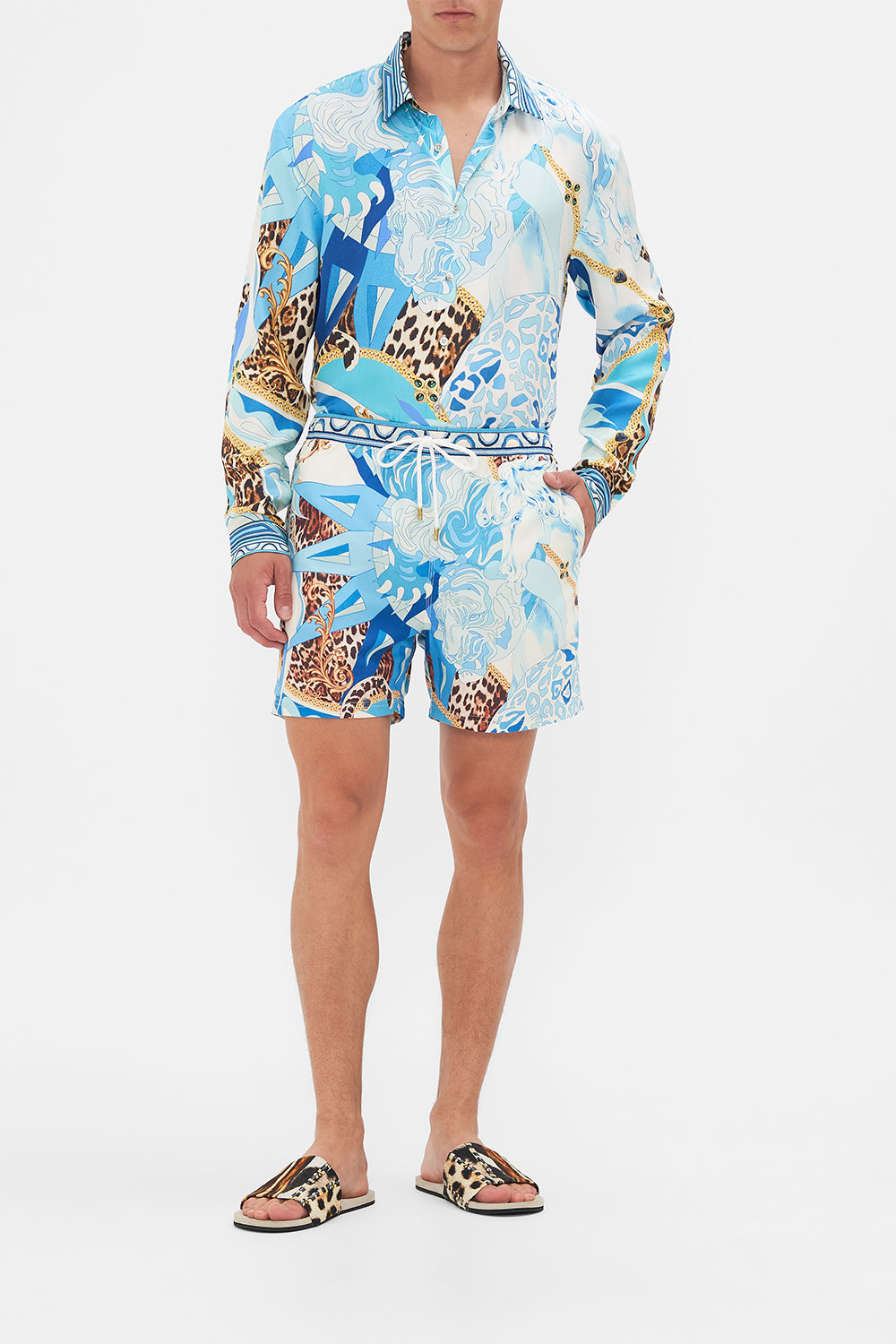 Front view of model wearing Hotel Franks By CAMILLA mens boardshort in Sky Cheetah print