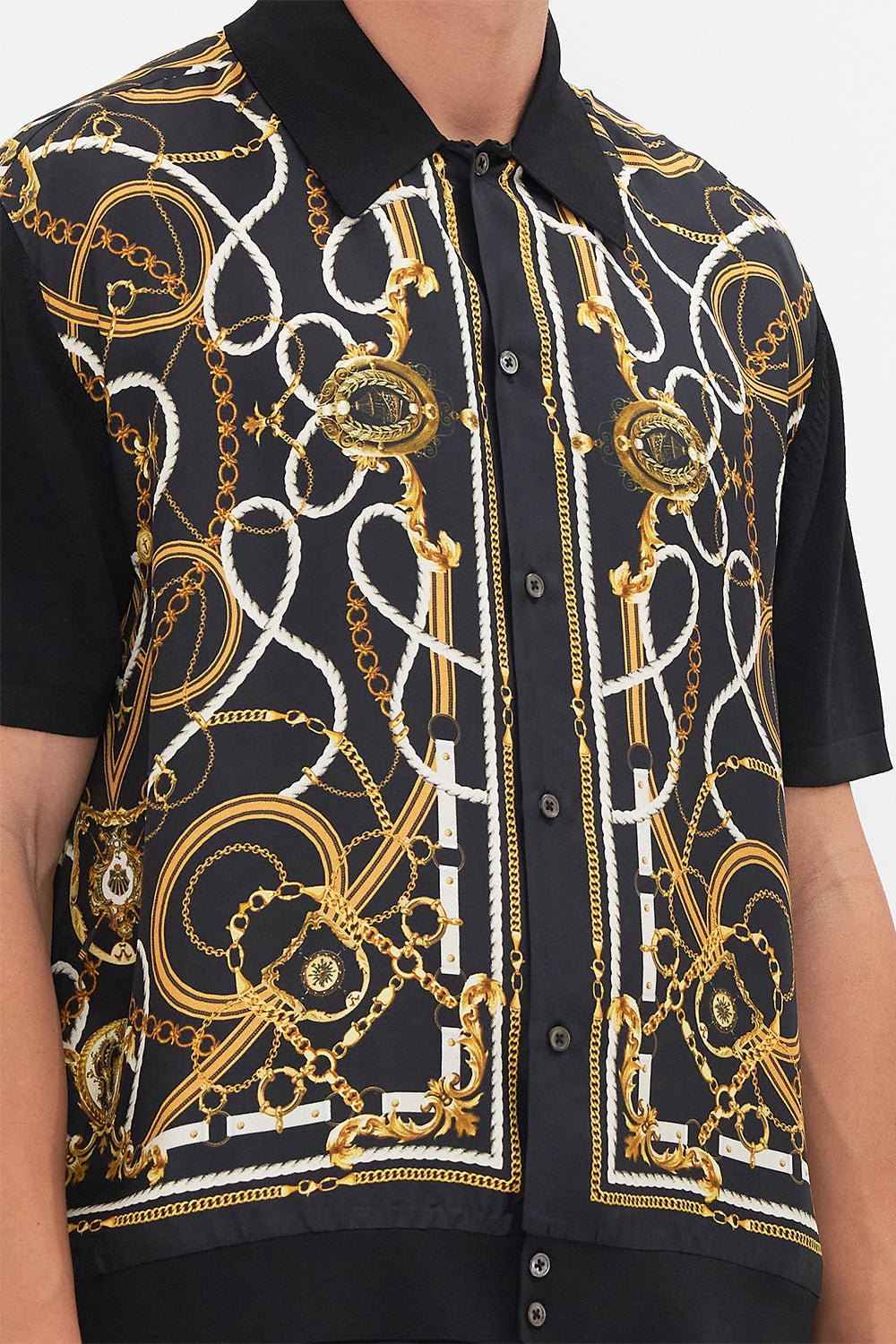 Detail view of model wearing Hotel Franks By CAMILLA mens silk shirt in Coast to Coast print