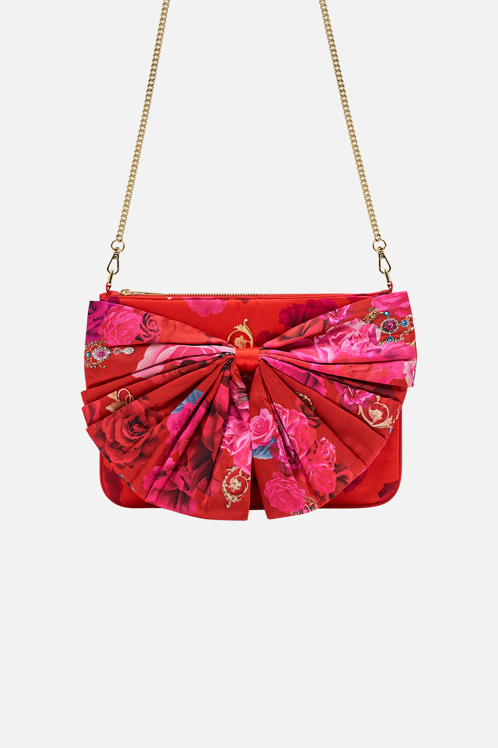 Product view of CAMILLA bow bag in An Italian Rosa print