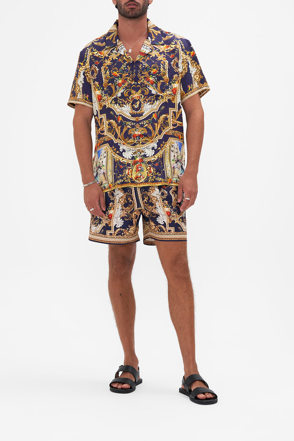 Front view of model wearing Hotel Franks By CAMILLA mens short sleeve camp collared shirt in Venice Vignette print