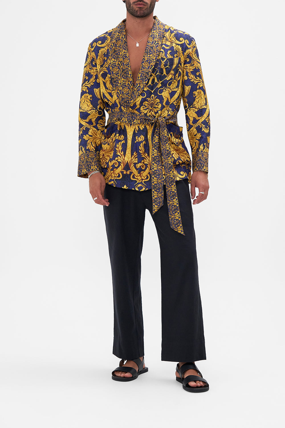 Front view of model wearing Hotel Franks by CAMILLA mens silk robe in Venice Vignette print