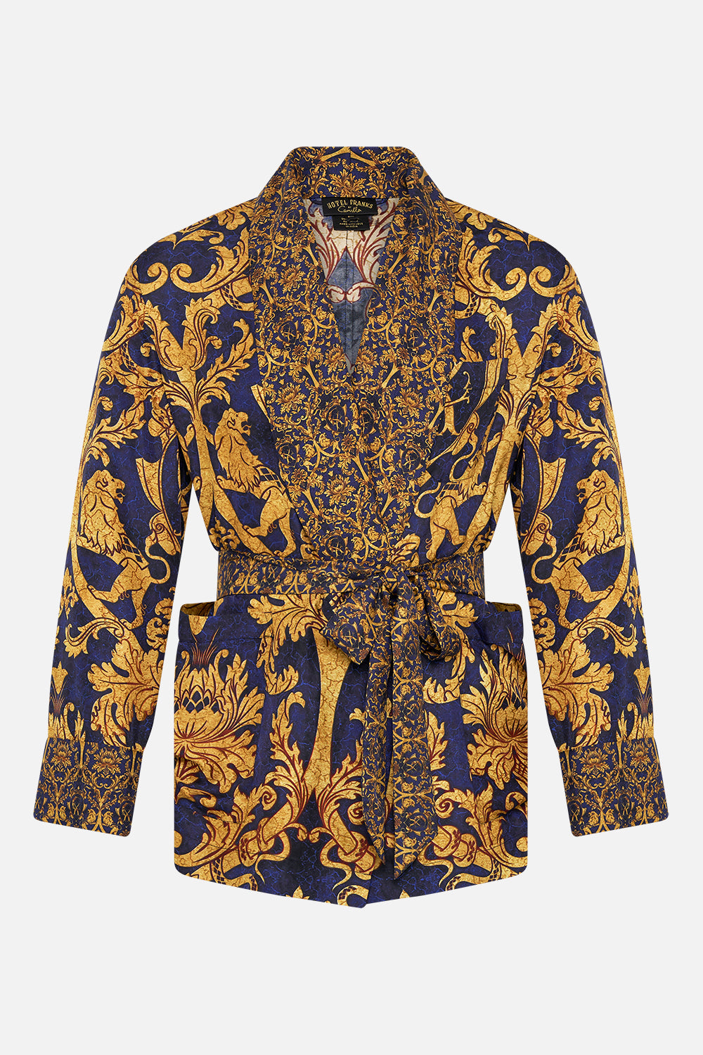Product view of Hotel Franks by CAMILLA mens silk robe in Venice Vignette print