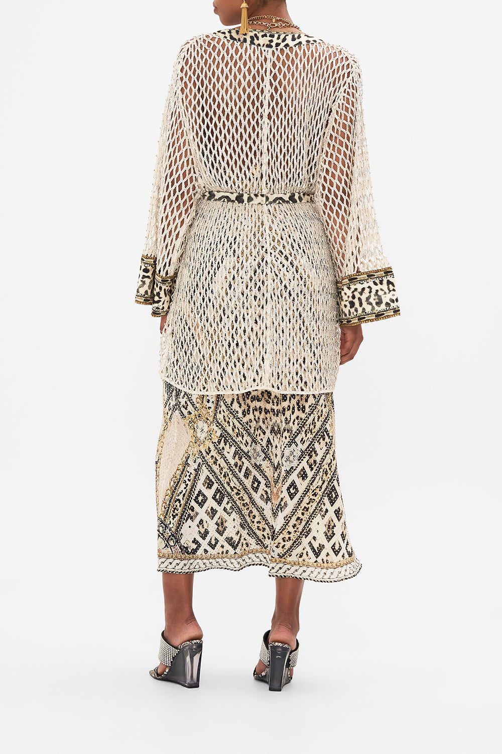 Back view of model wearing CAMILA silk kimono in Mosaic Muse print