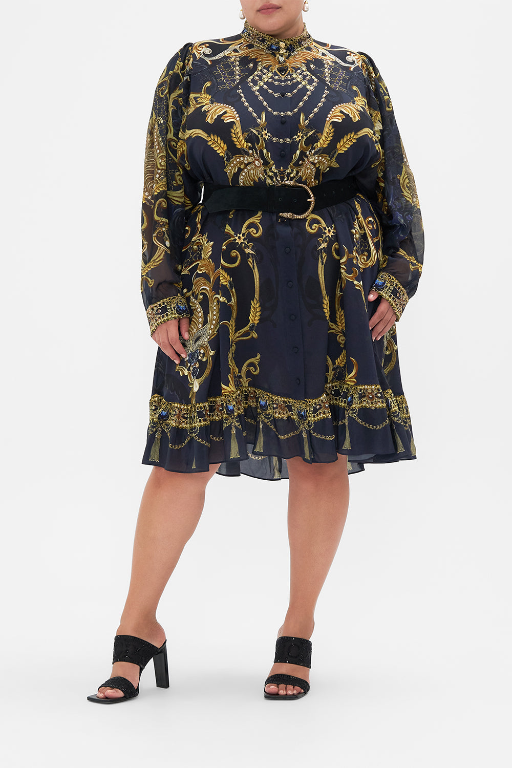 Front view of model wearing CAMILLA plus size silk shirt dress in Moonlight Melodies print