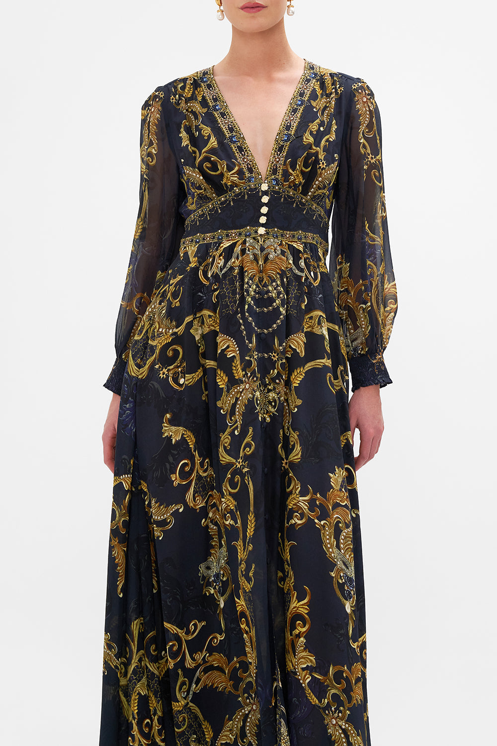 Crop view of model wearing CAMILLA silk maxi dress in Moonlight Melodies print