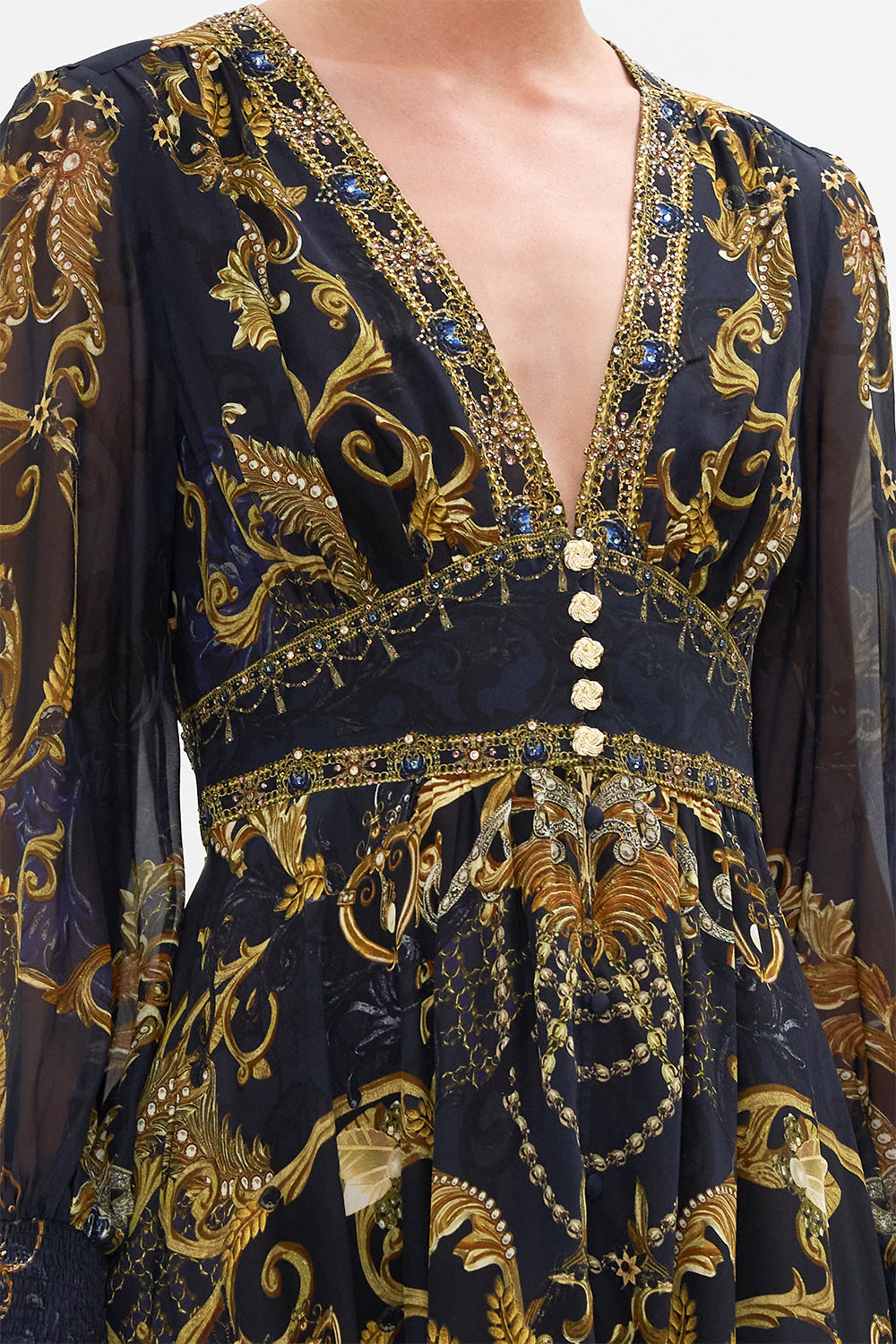 Detail view of model wearing CAMILLA silk maxi dress in Moonlight Melodies print