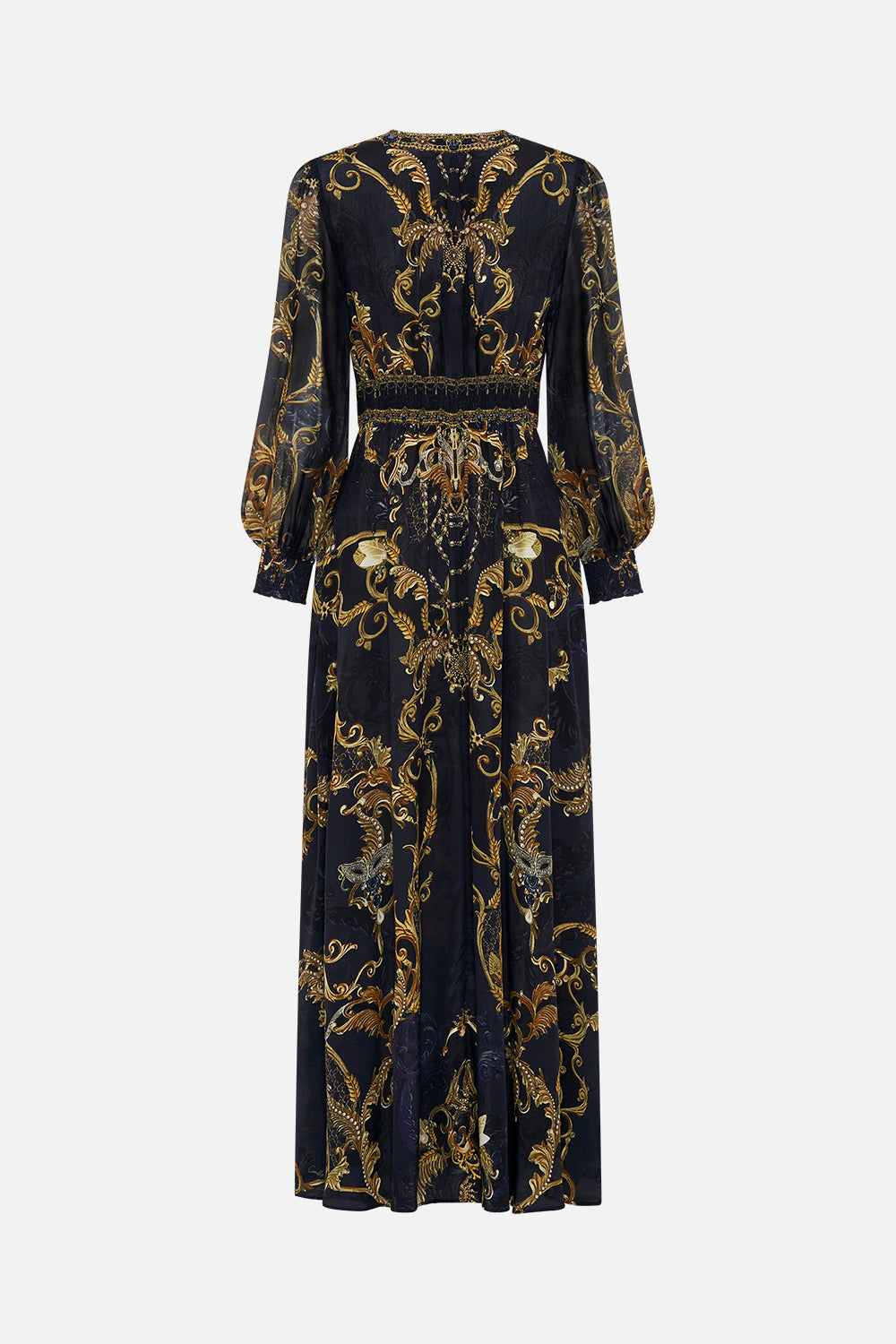 Back product view of CAMILLA silk maxi dress in Moonlight Melodies print