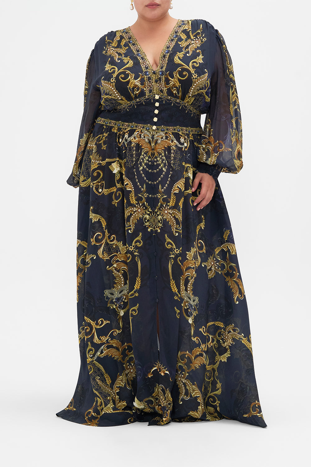 Front view of curvy model wearing CAMILLA plus size navy silk maxi dress in Moonlight Melodies print