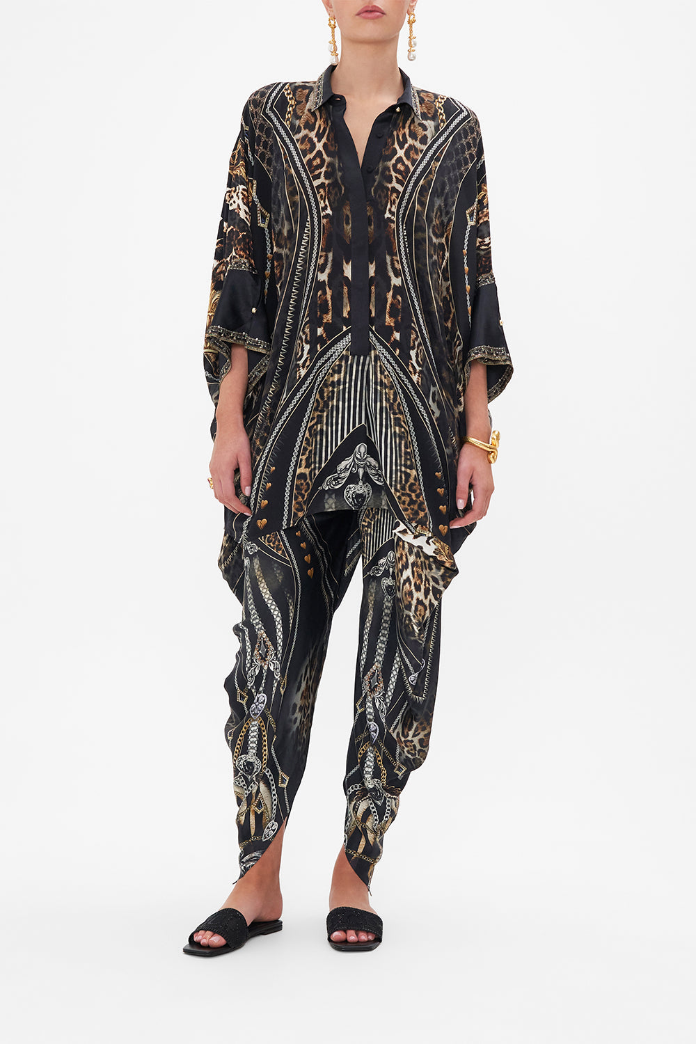 Front view of model wearing CAMILLA silk shirt in Chaos In The Cosmos animal print