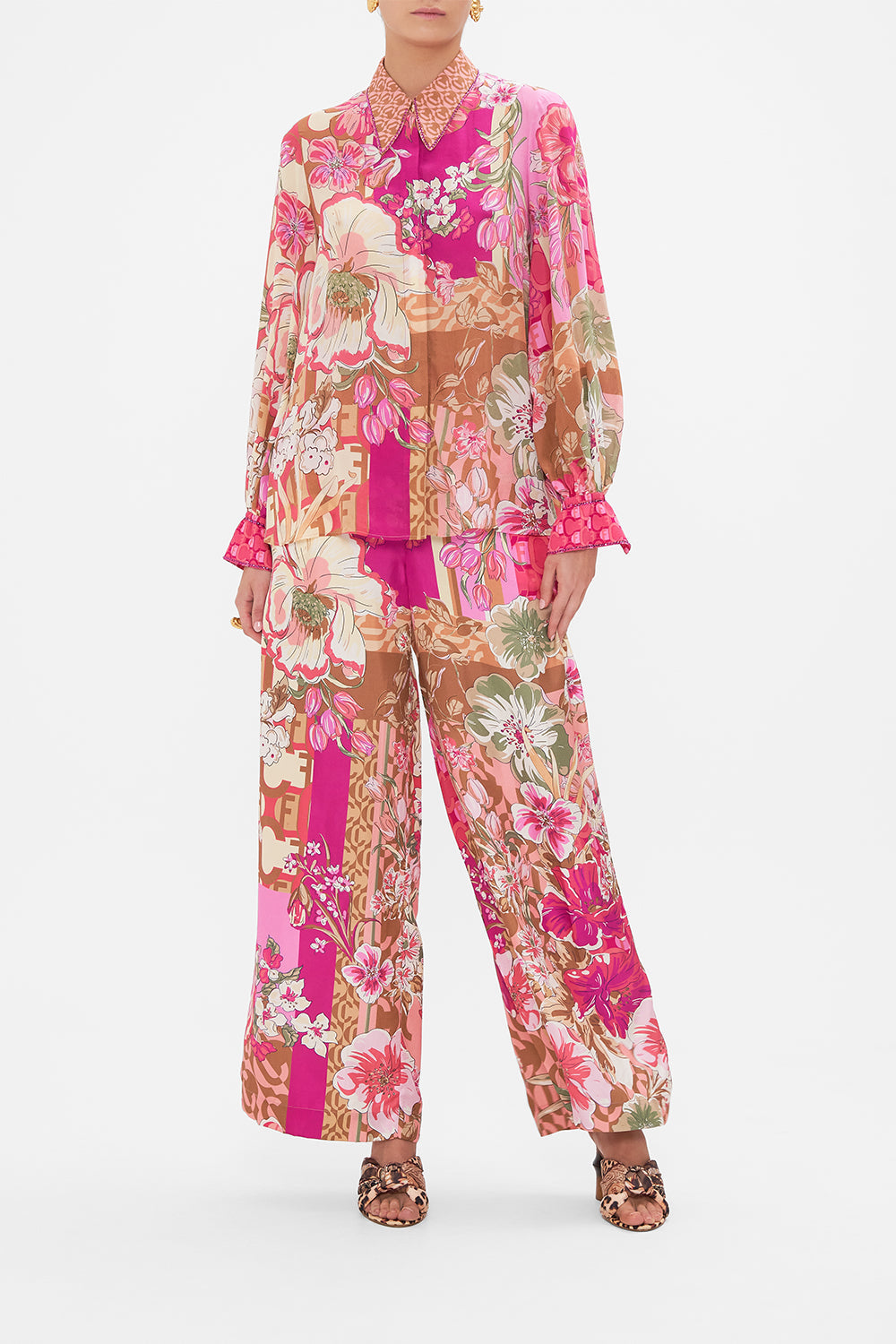 Front view of model wearing CAMILLA pink silk blouse in A Girl Named Florence print