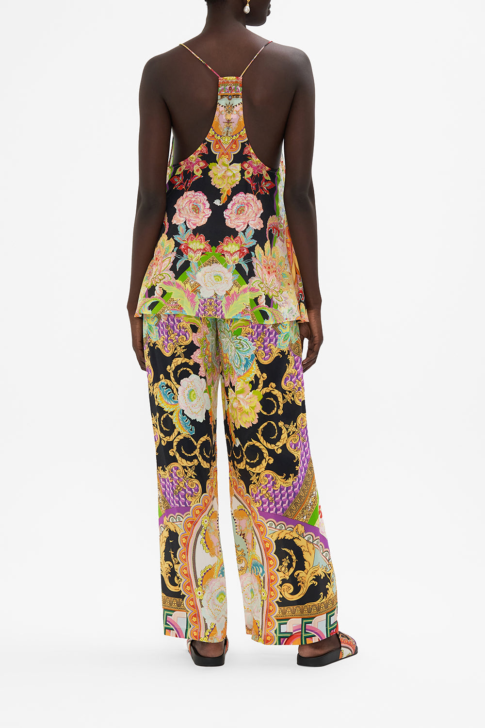 Back view of model wearing CAMILLA silk top in Sundowners in Sicily print