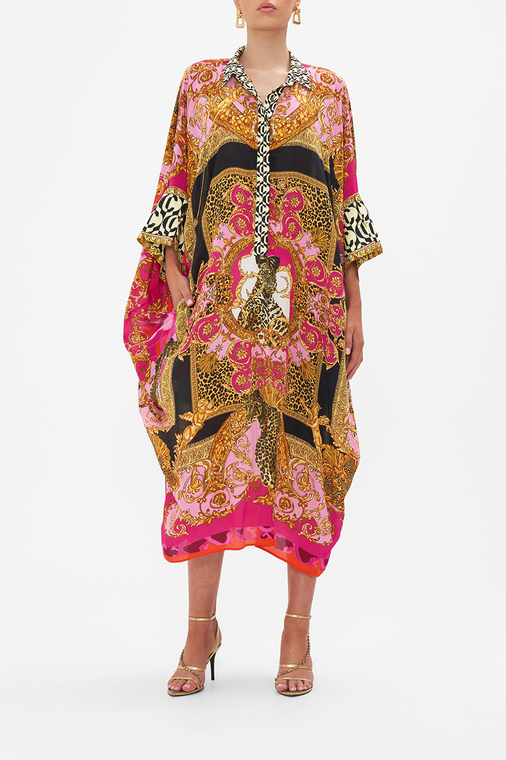 Front view of model wearing CAMILLA silk kaftan in Ciao Palazzo print