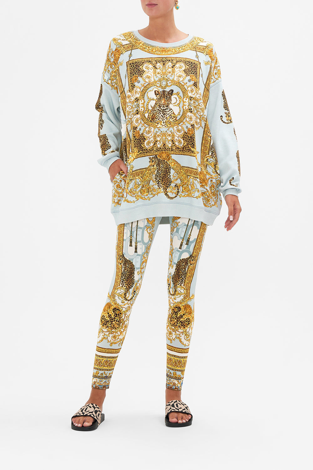 Front view of model wearing CAMILLA leggings in Palazzo Pride print