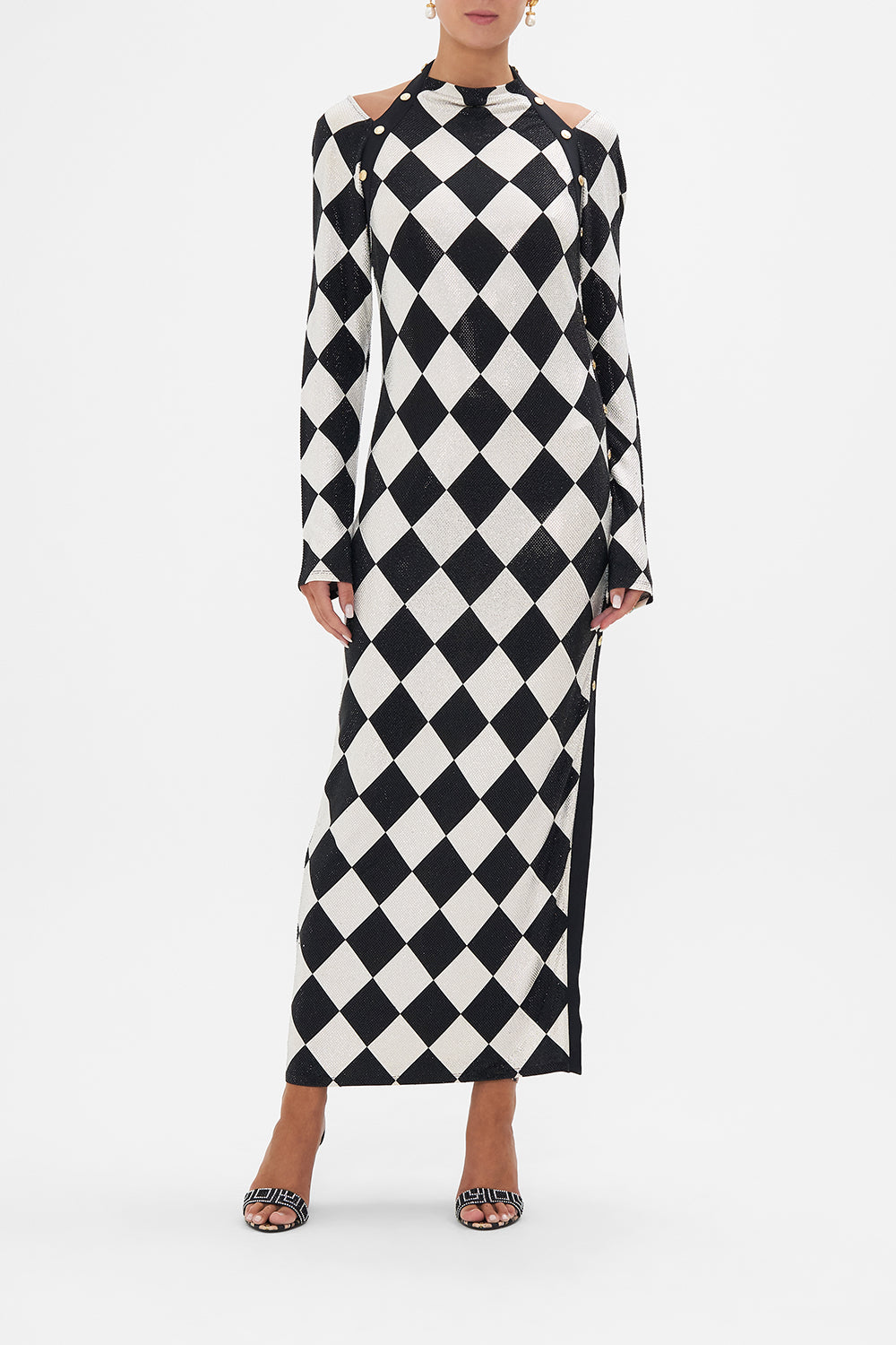 Front view of model wearing CAMILLA black and white maxi dress in Duomo Dynasty print