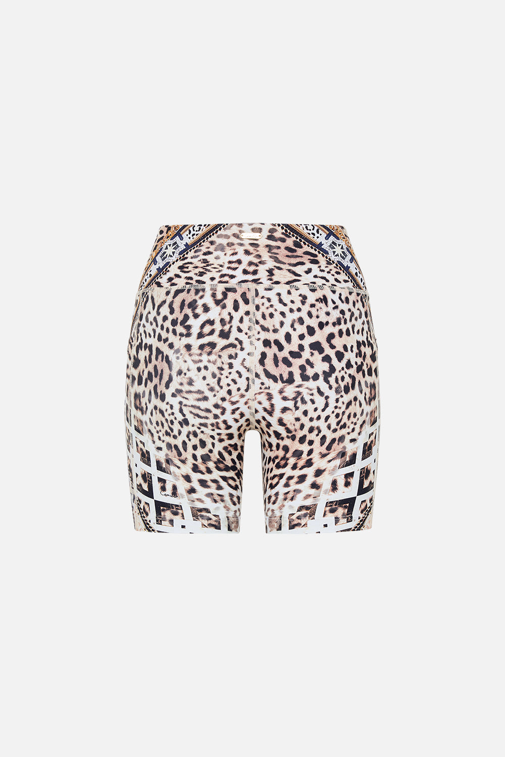 Style view of model wearing CAMILLA designer animal print running shorts in Mosaic Muse