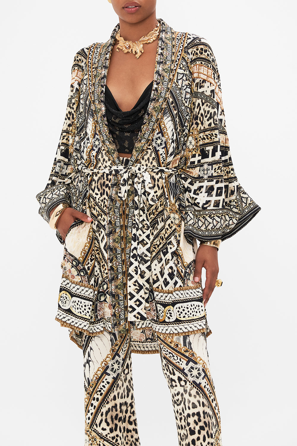 Crop view of model wearing CAMILLA animal print robe in Mosaic Muse