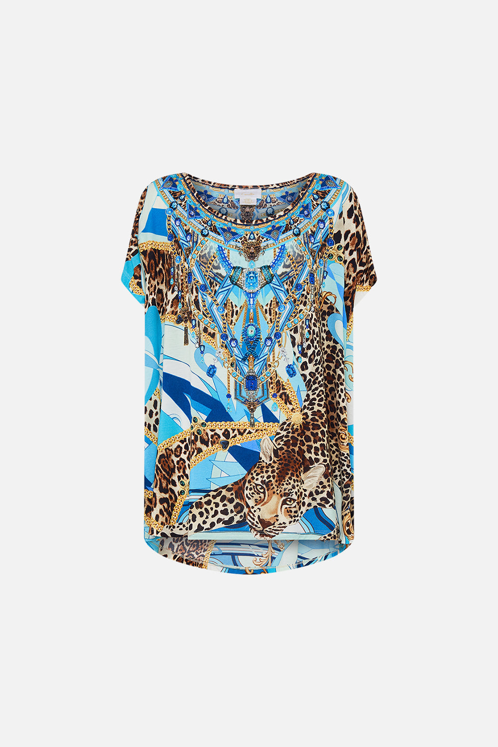 Product view of CAMILLA designer t shirt in Sky Cheetah print