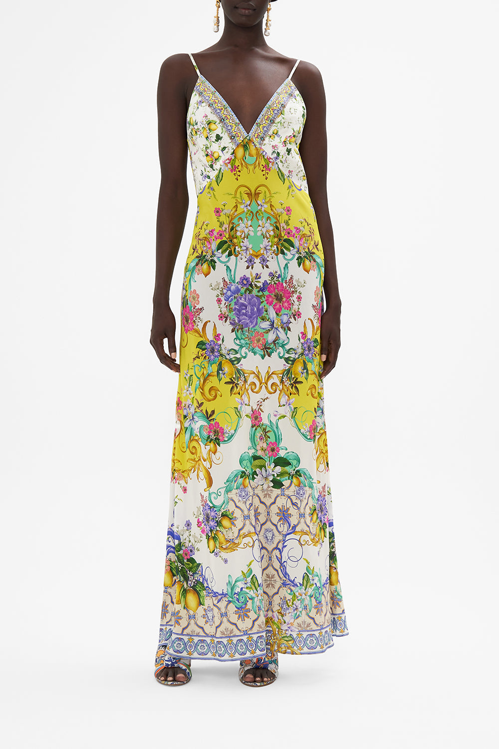 Front view of model wearing CAMILLA silk full length dress in Caterina Spritz print