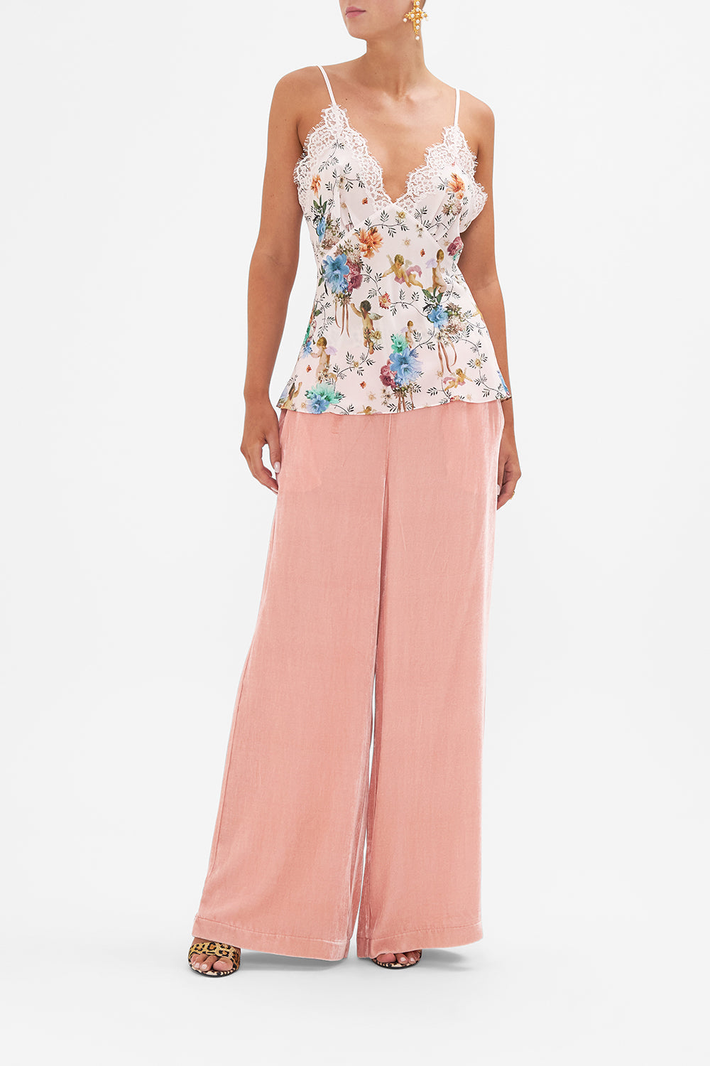 Front view of model wearing CAMILLA silk cami in Bambino Bliss print