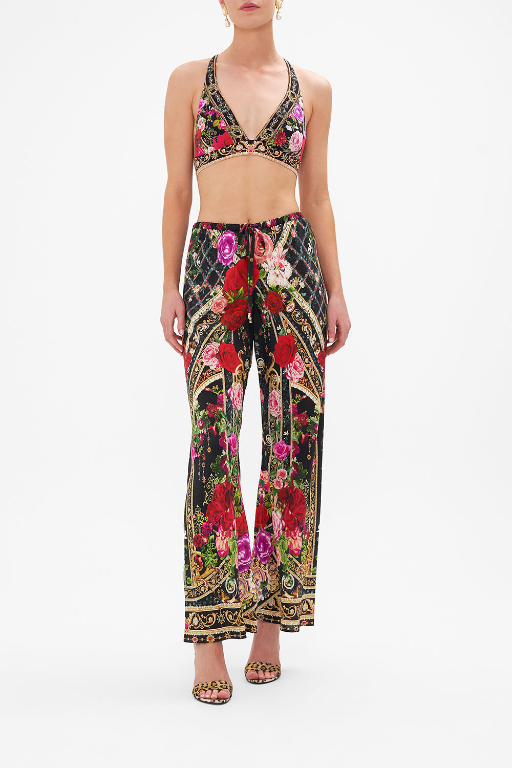 Front view of model wearing CAMILLA long sarong in Season Of The Siren print