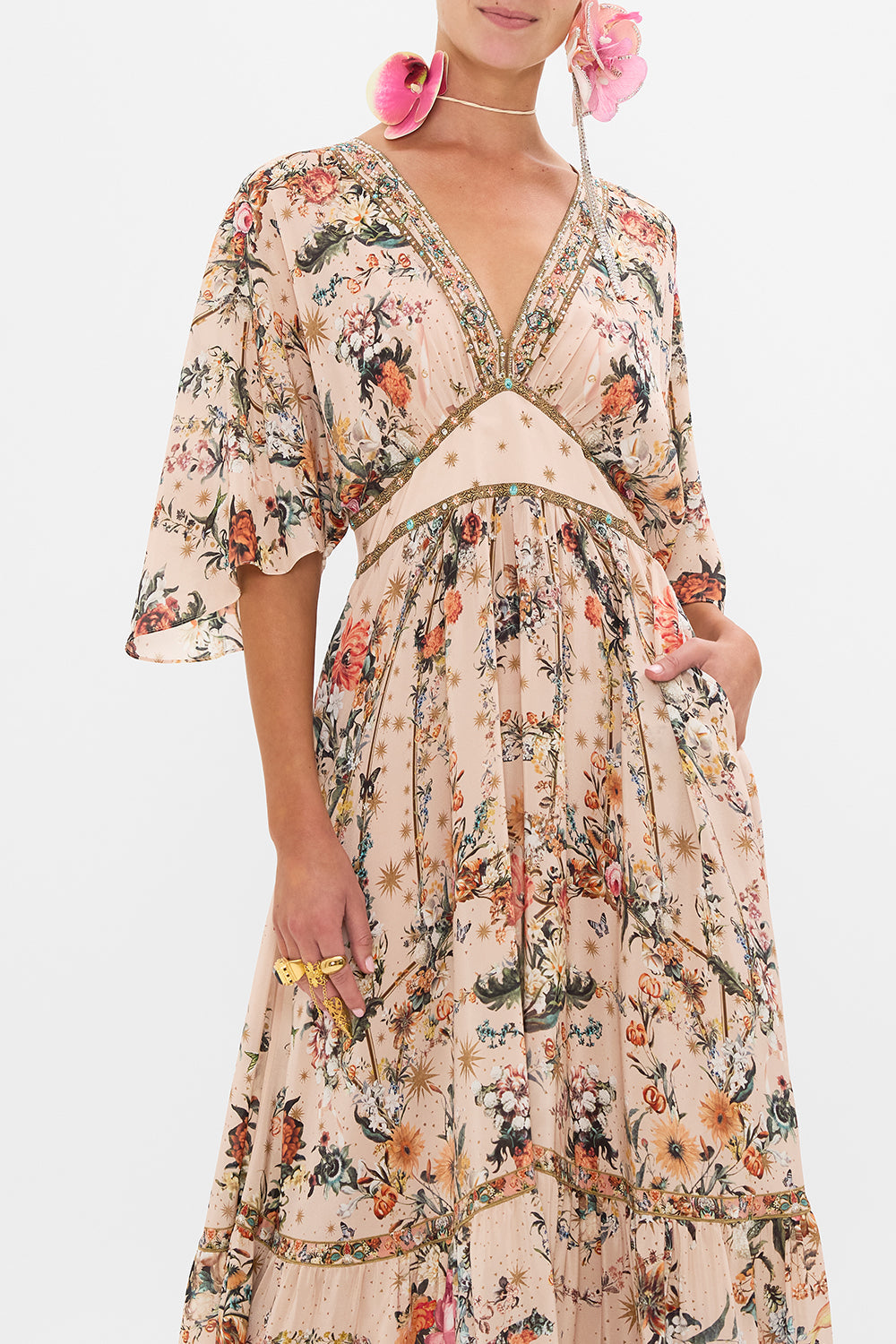 CAMILLA ruffle hem dress in Rose Garden Revolution print