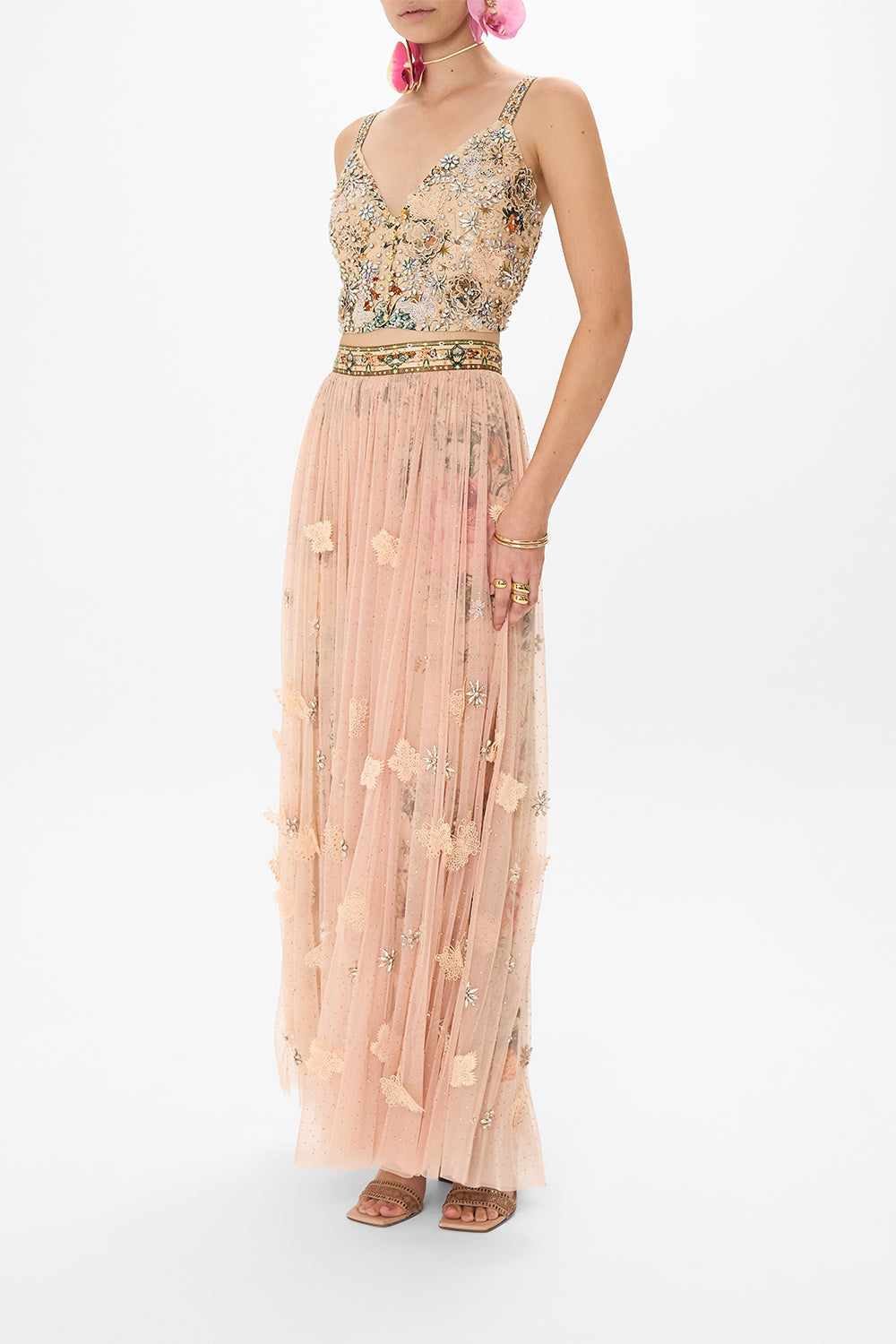 CAMILLA tulle maxi skirt in Rose Garden Revolution print