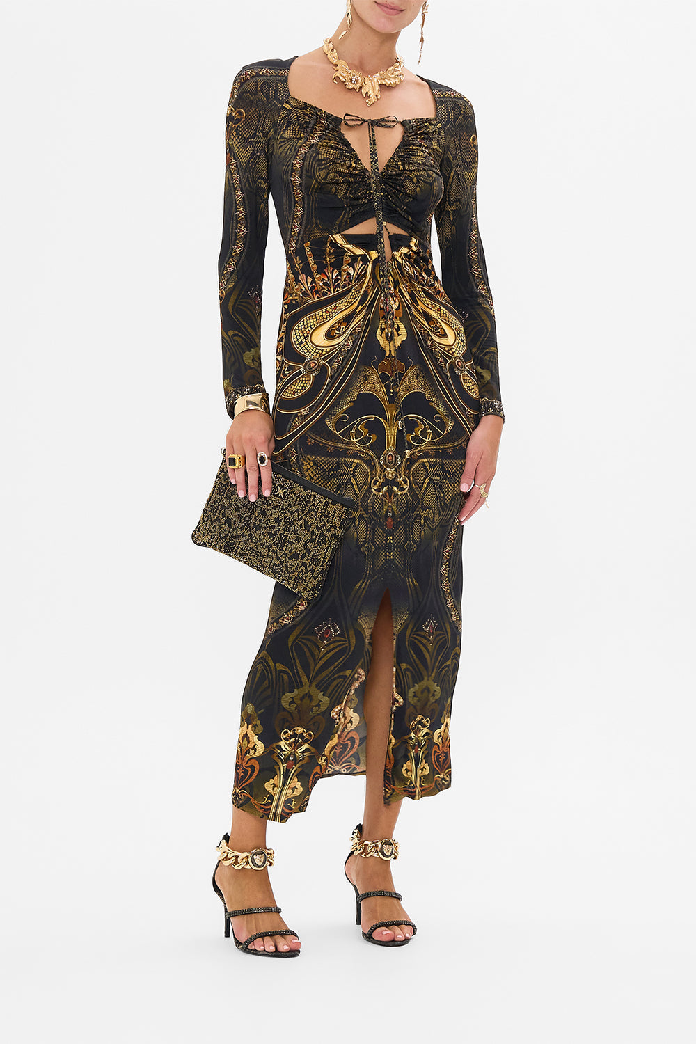 CAMILLA cut out jersey dress in Nouveau Noir print