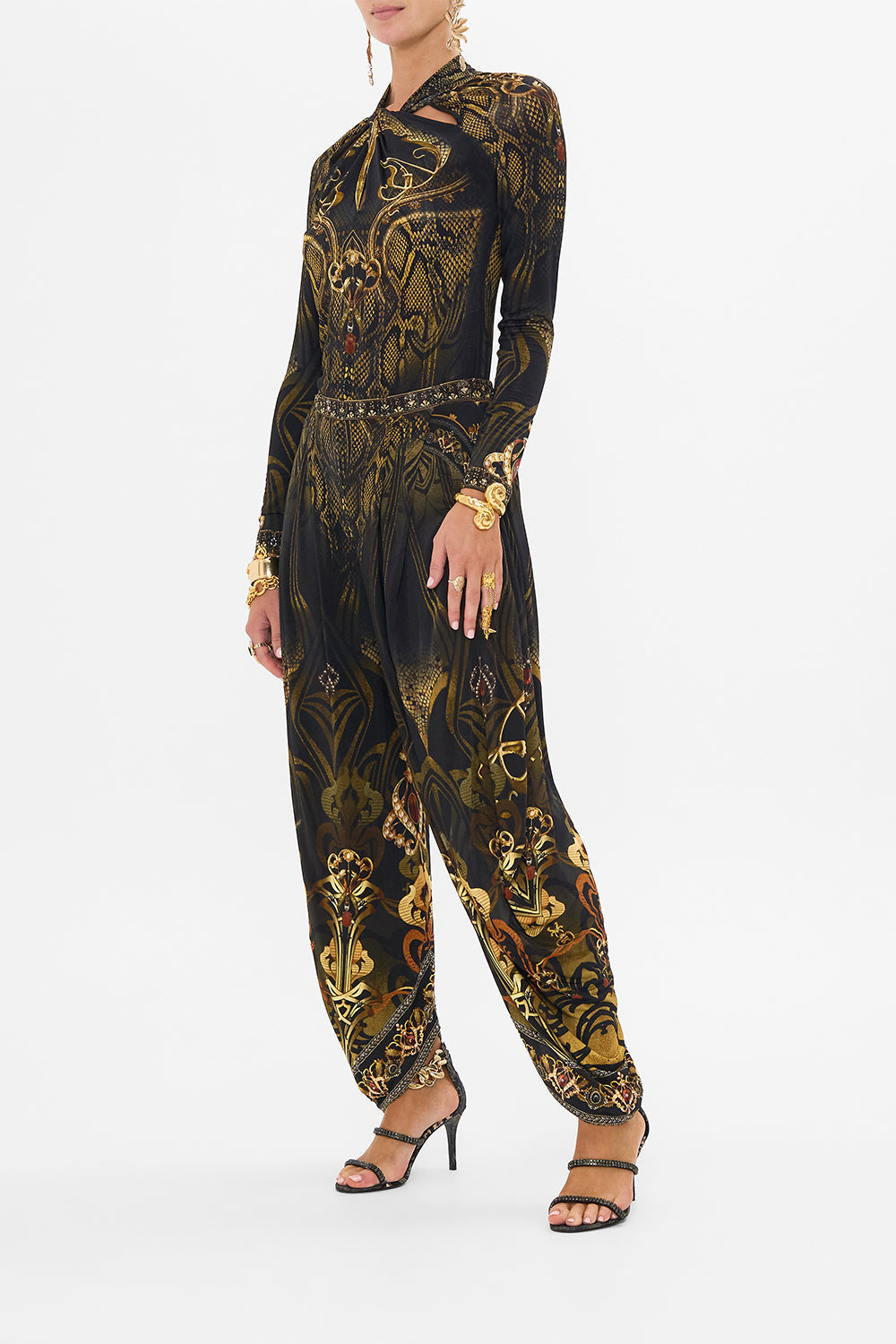 CAMILLA jersey cut out top in Nouveau Noir print