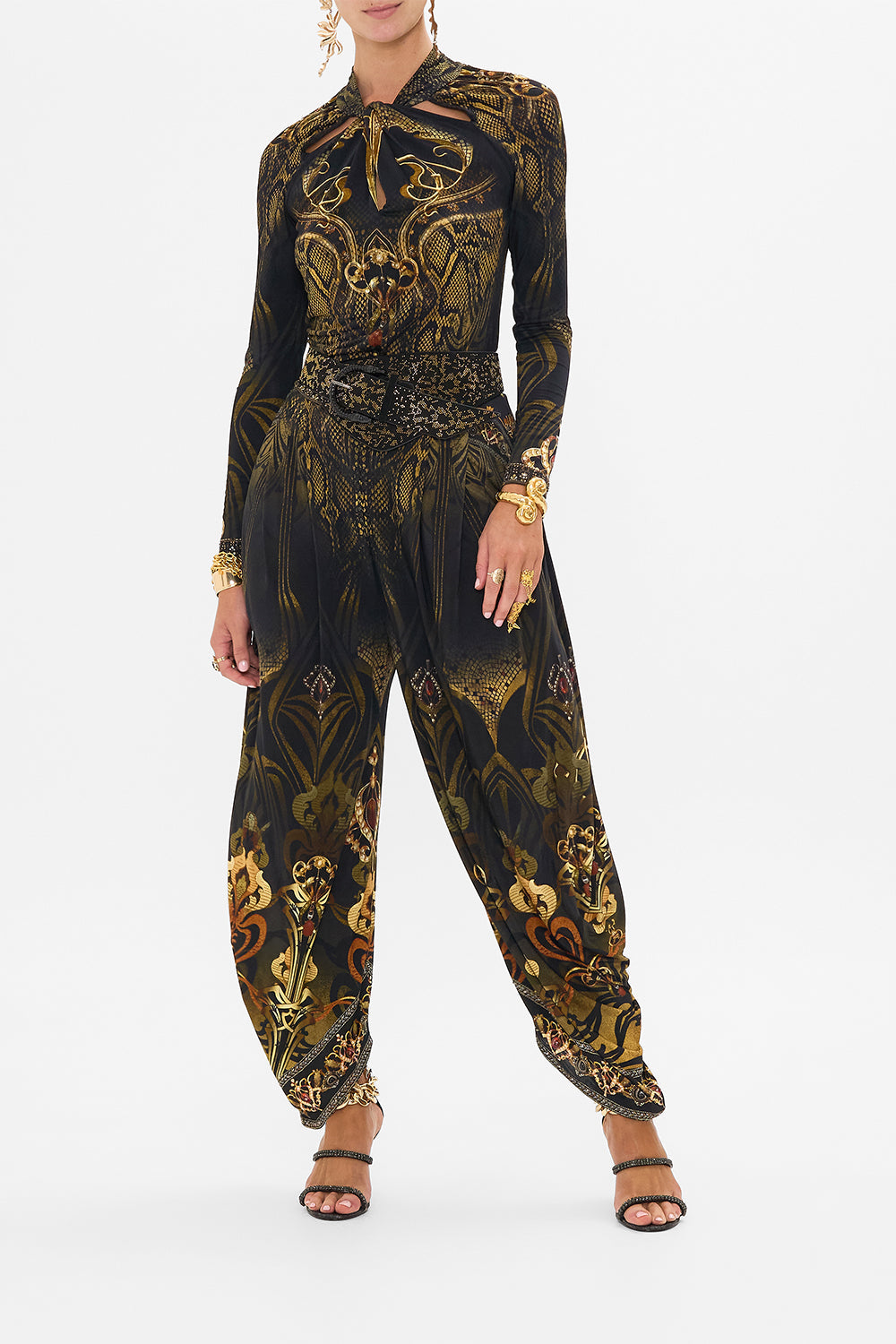 CAMILLA jersey cut out top in Nouveau Noir print