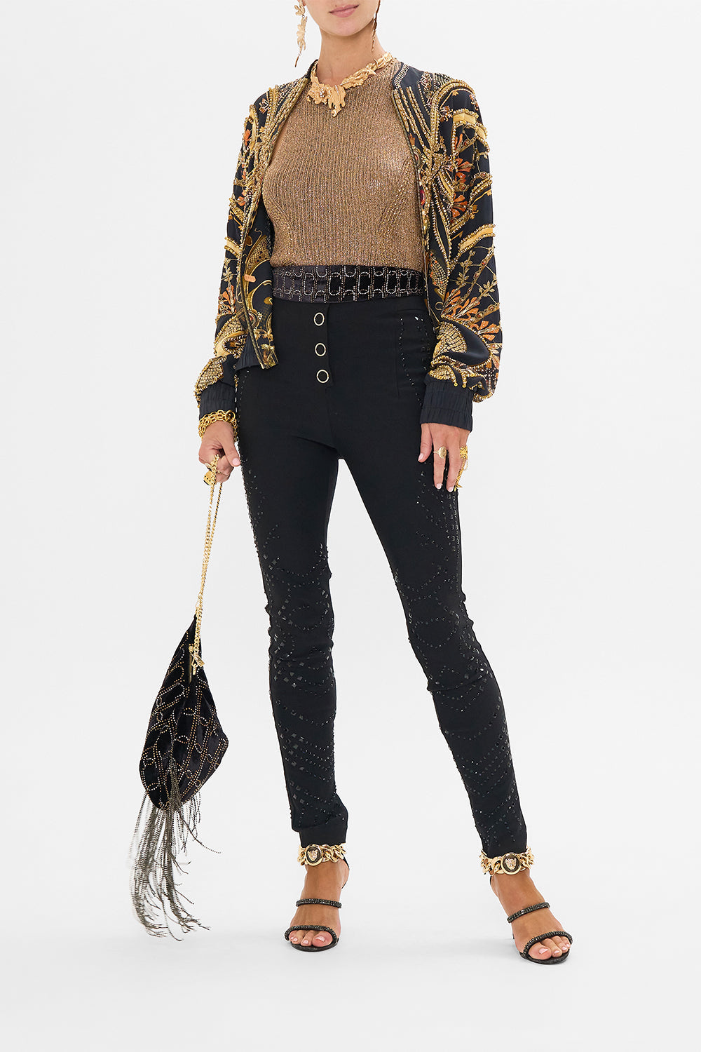 CAMILLA black ponte pant in Nouveau Noir print