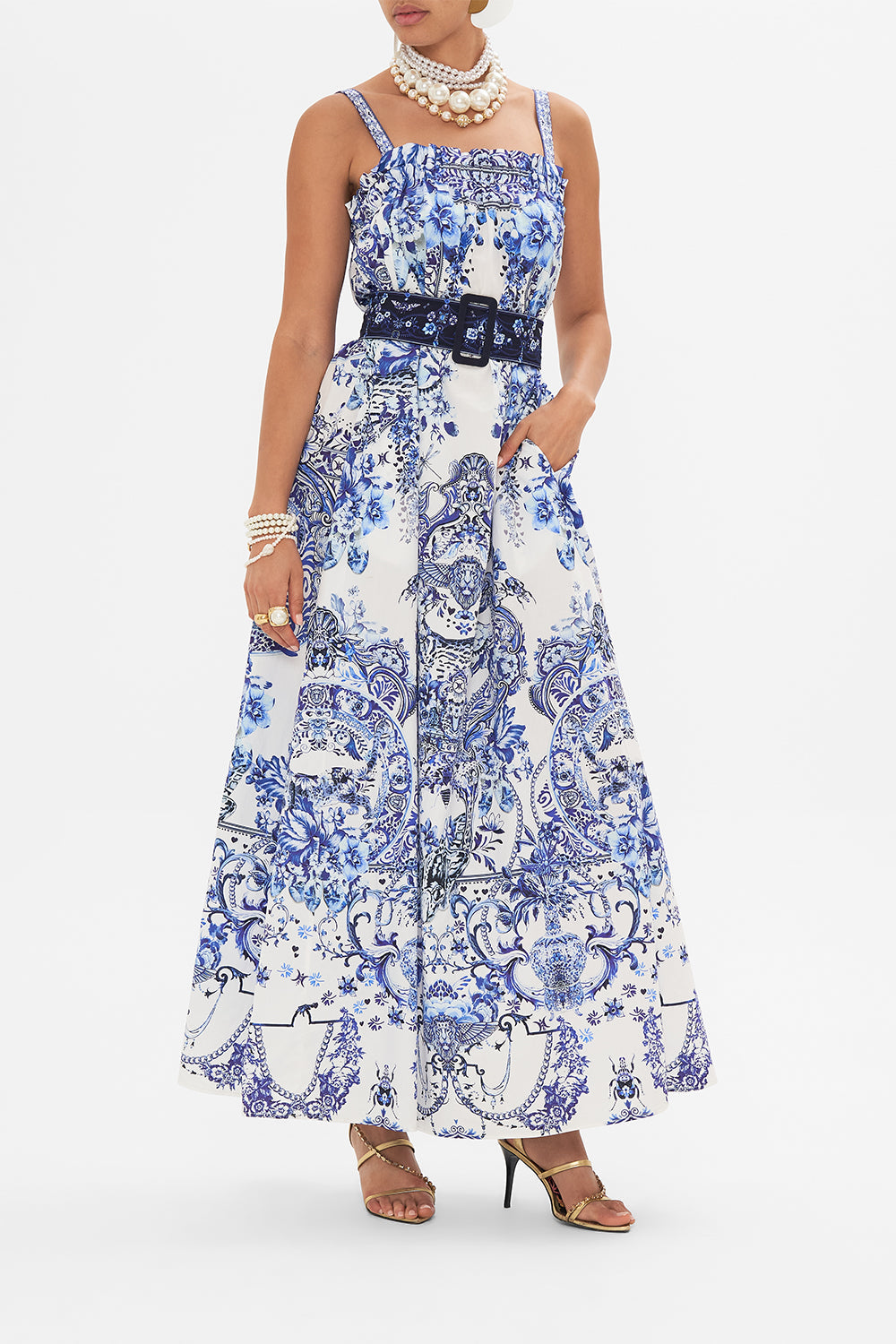 Back view of CAMILLA blue and white sun dress in Glaze and Graze print