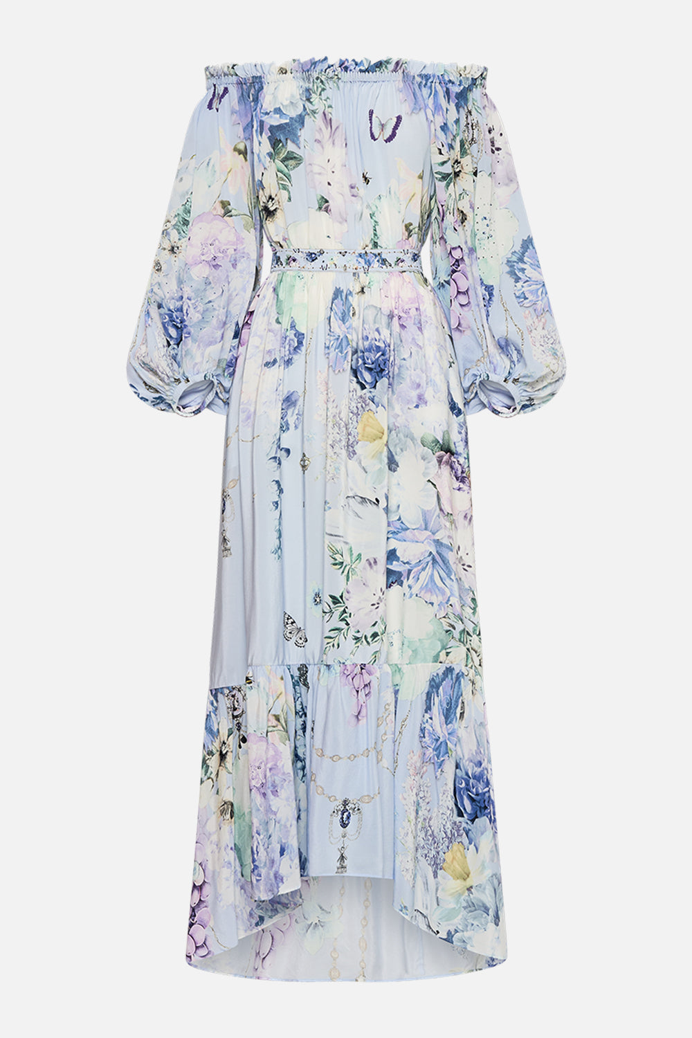 CAMILLA silk off shoulder maxi dress in Butterfloria print