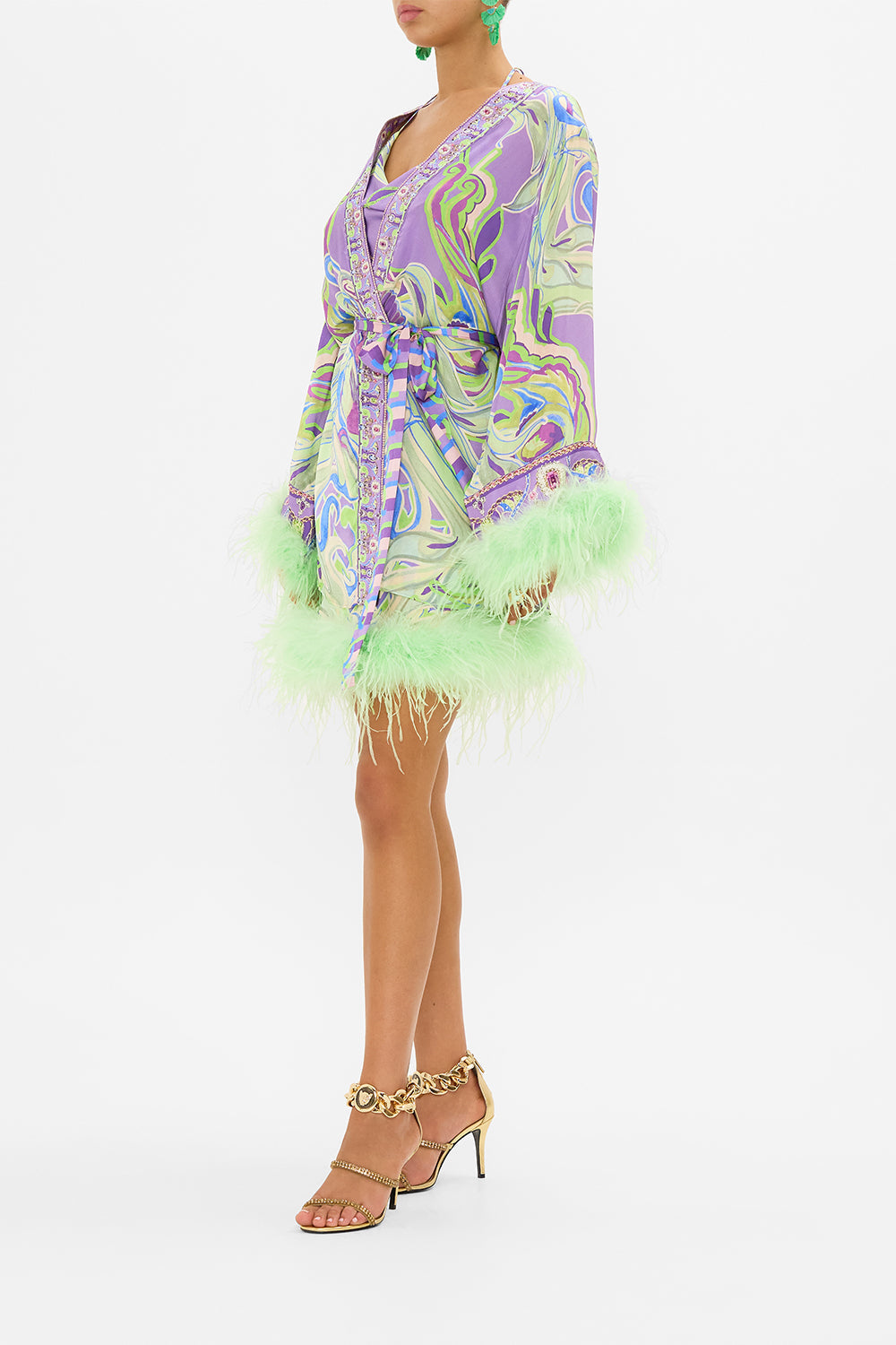 CAMILLA wrap dress with feathers in Amsterdam Jewel print