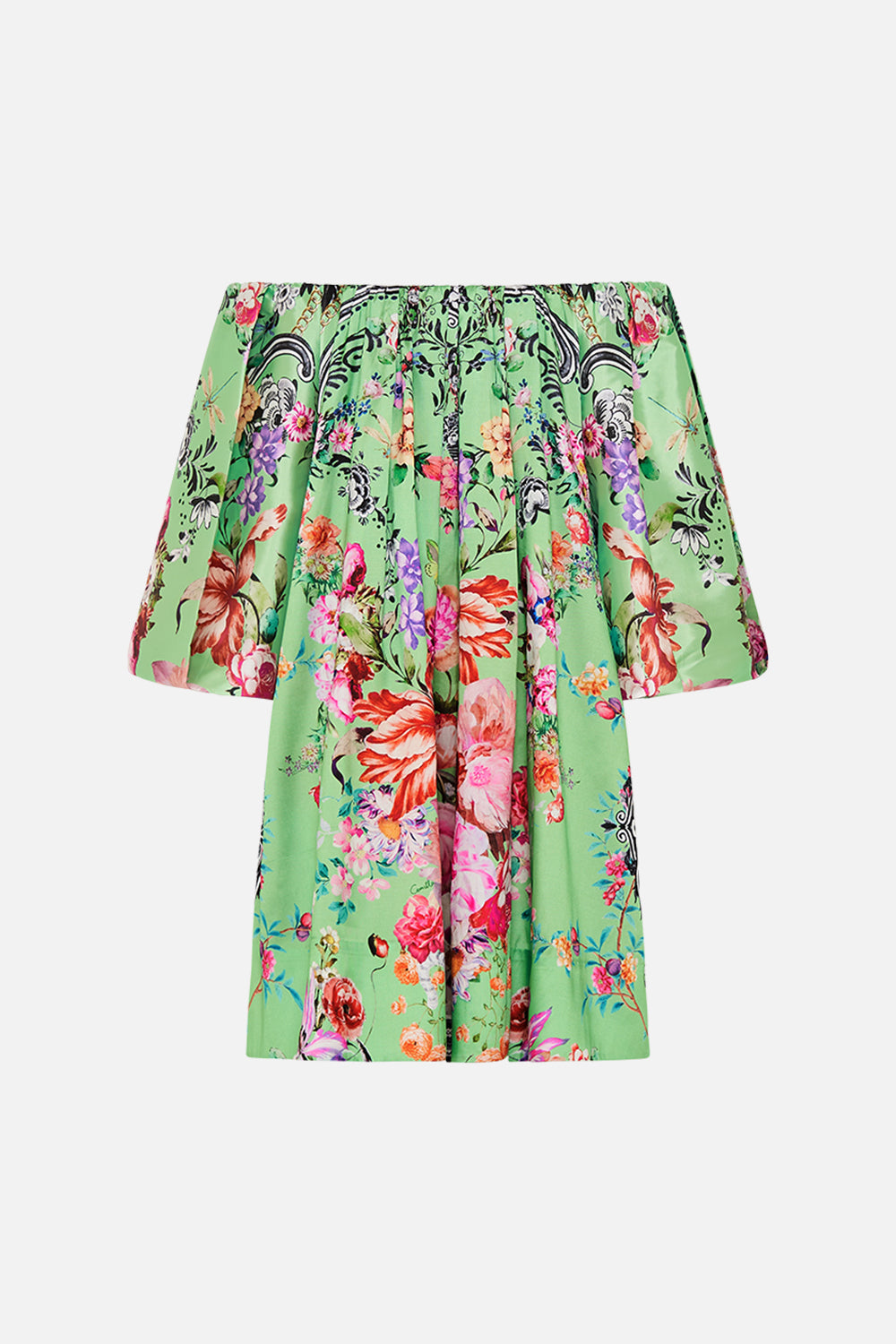 Back view of CAMILLA pudd sleeve dress in Porcelain Dream print