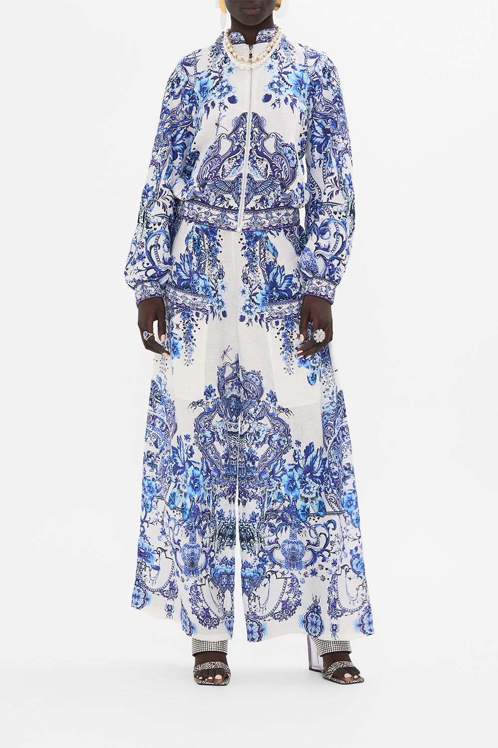 Front view of model wearing CAMILLA silk bomber jacket in Glaze and Graze print