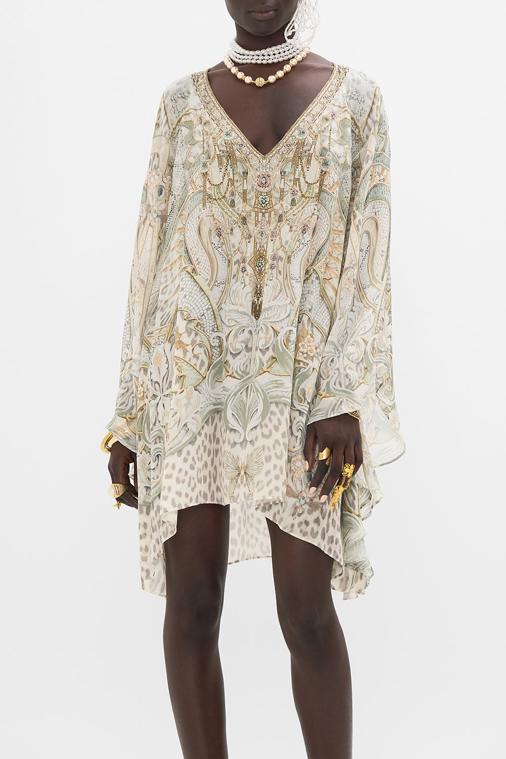 CAMILLA silk kaftan in Ivory Tower Tales print