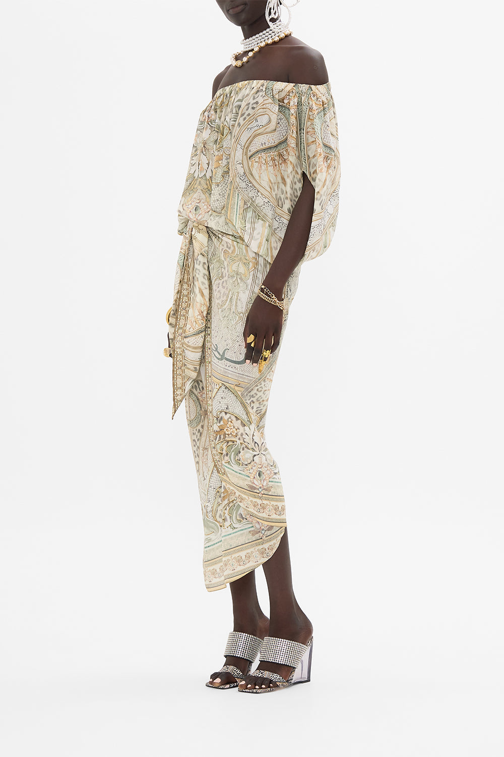 CAMILLA off shoulder top in Ivory Tower Tales print