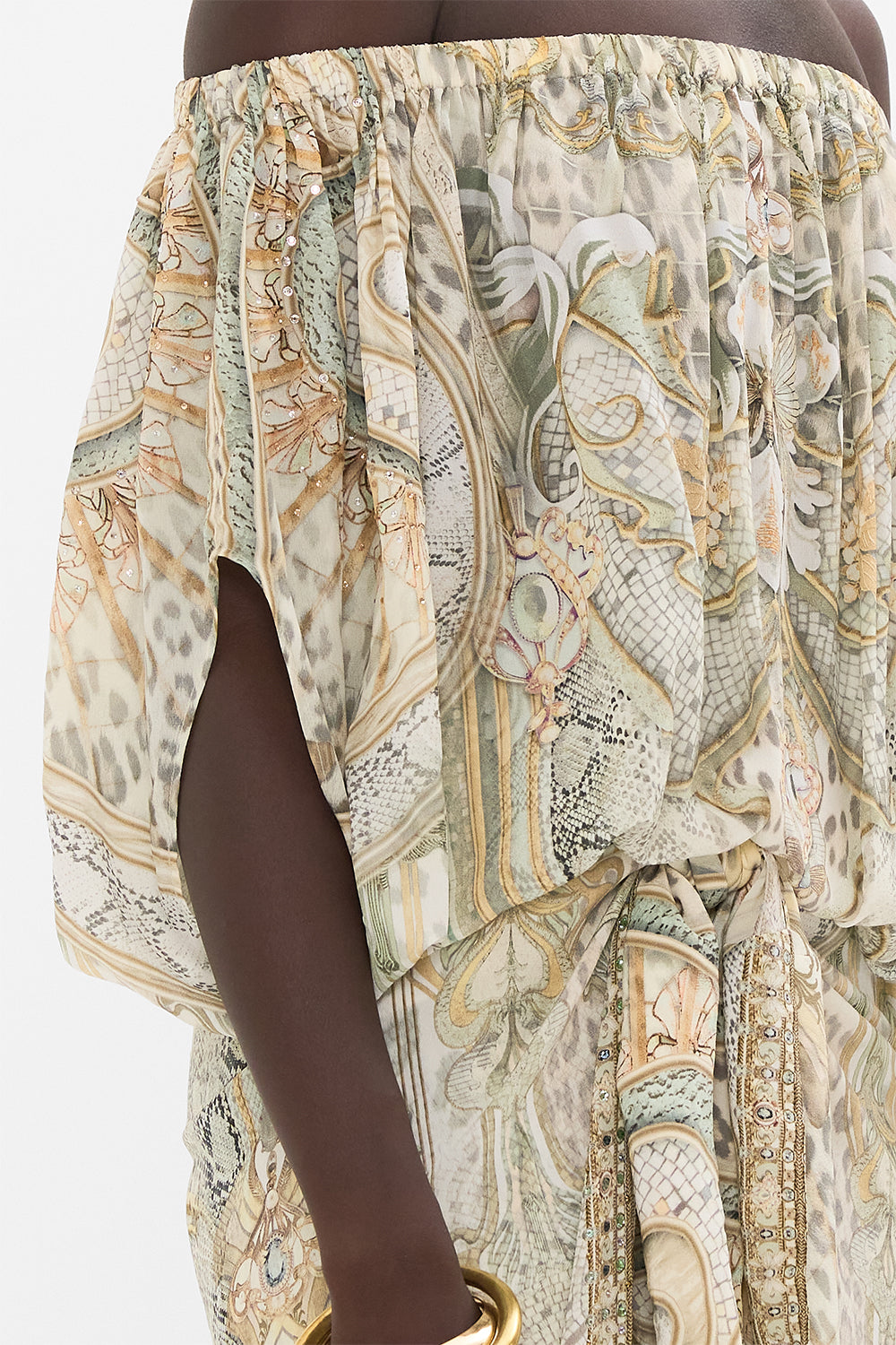 CAMILLA off shoulder top in Ivory Tower Tales print