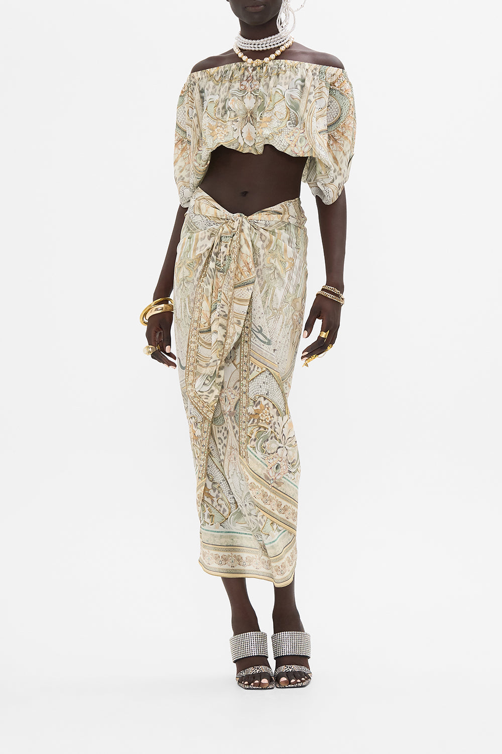 CAMILLA off shoulder top in Ivory Tower Tales print