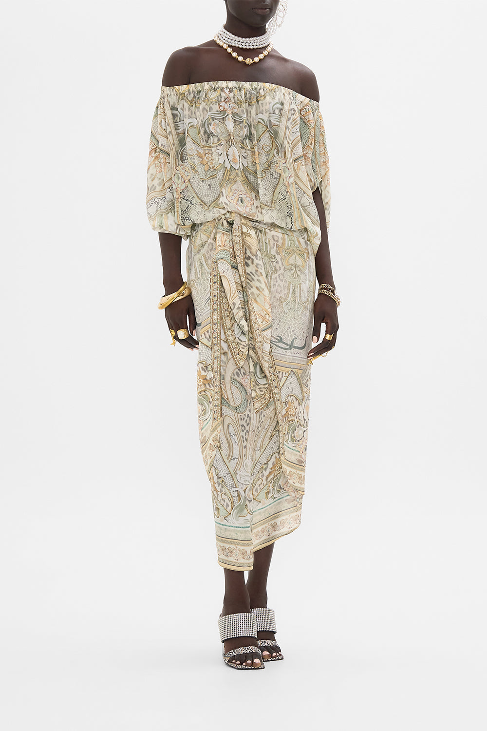 CAMILLA tie front skirt in Ivory Tower Tales print