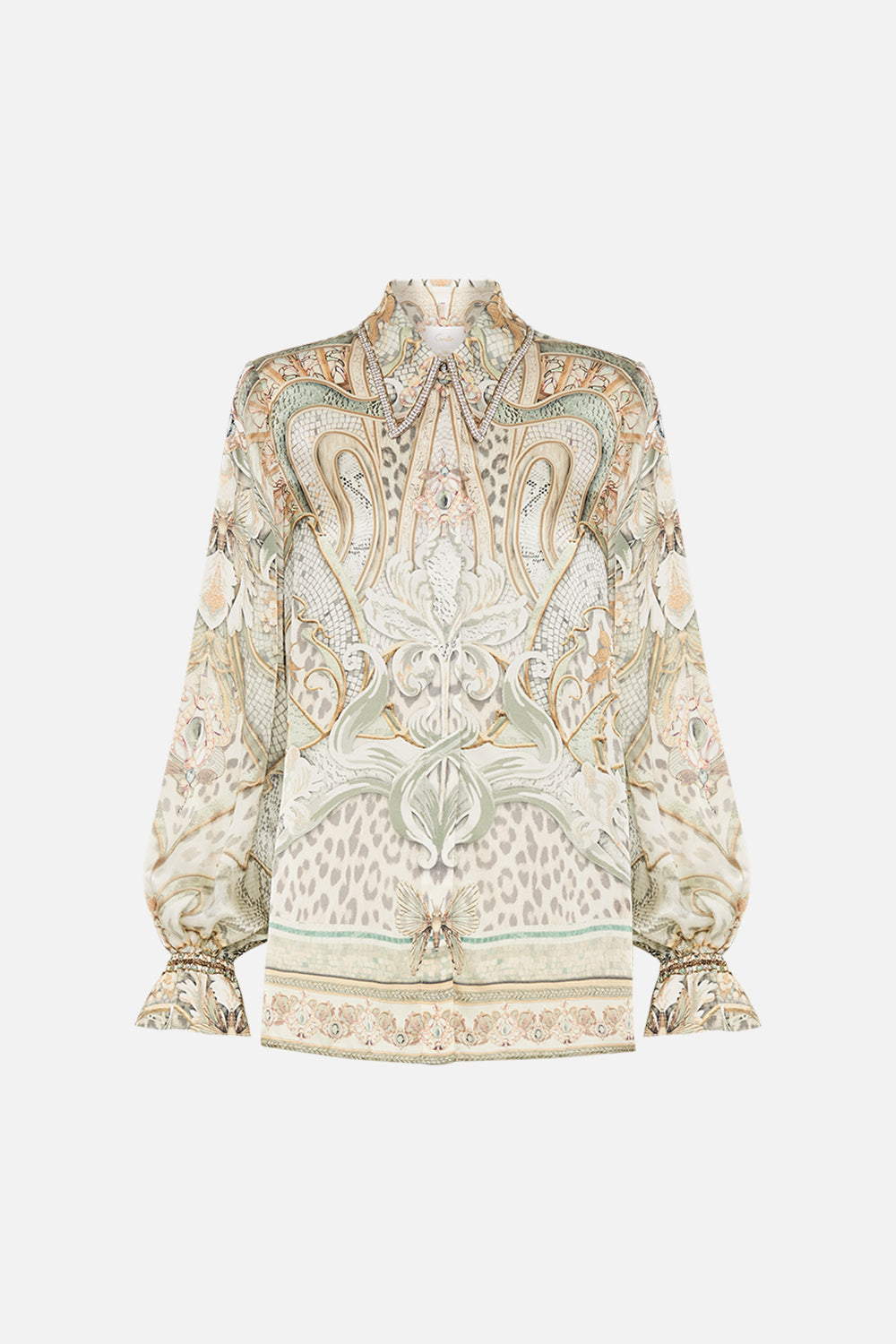 CAMILLA silk blouse in Ivory Tower tales print