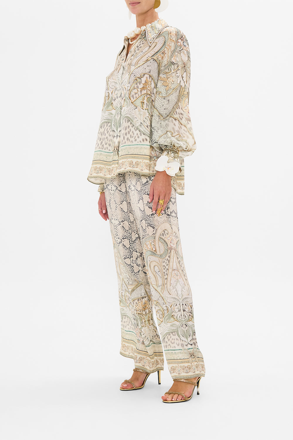 CAMILLA silk blouse in Ivory Tower tales print
